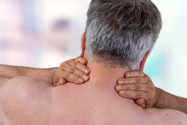 Neck Pain Medical Concept Senior Man Touches Neck Pain Neck — Stockfoto