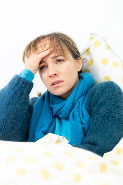 Young Woman Wrapped Bed Suffering Flu Condition Migraine — Foto Stock