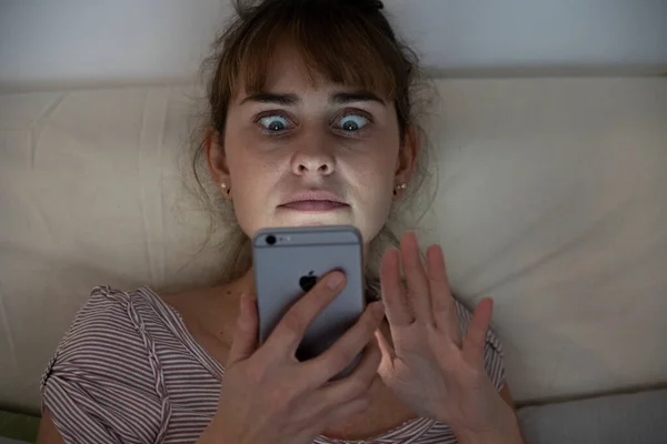 Woman Night Admiring Her Lit Smartphone Addictive Behavior — Fotografie, imagine de stoc