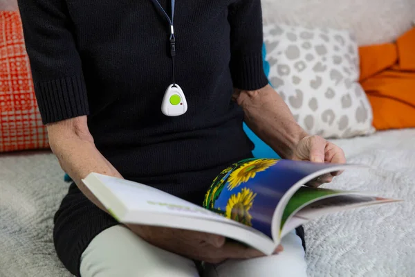 Elderly Woman Medical Alert System Her Neck — Stock Photo, Image