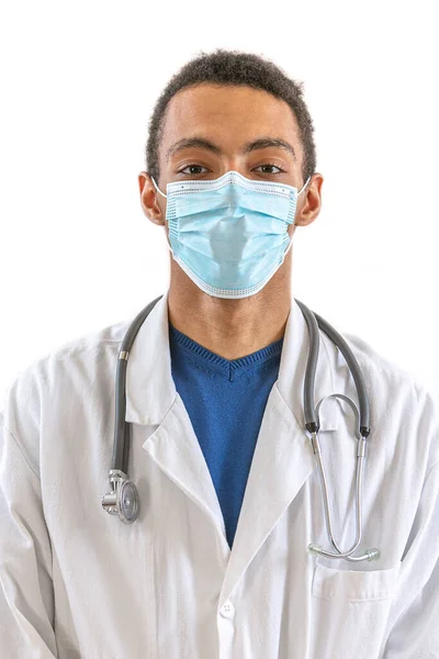 Frontal Portrait Young Doctor Wearing Mask Isolated White Background — Photo
