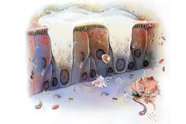 Inflammation of the nasal mucosa: excess mucus and the presence of macrophages.