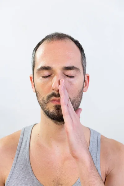 Man Doing Breathing Exercises — Fotografia de Stock