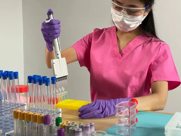 Woman Injecting Substance Tube Using Multichannel Pipette — Stok fotoğraf