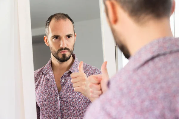 Man Looking Mirror Give Him Self Confidence — Stockfoto