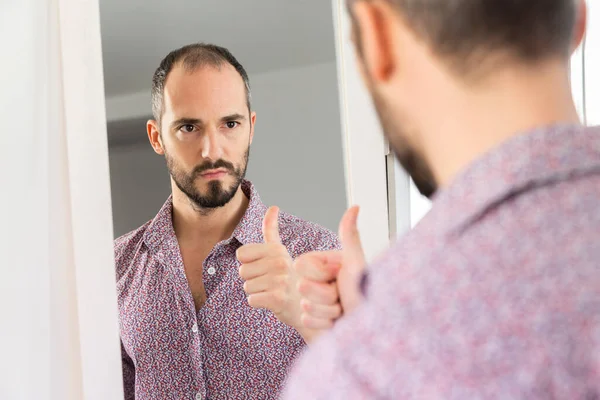 Man Looking Mirror Give Him Self Confidence — Photo