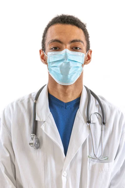 Portrait Young Male Doctor Stethoscope Facing Front White Background — Foto de Stock