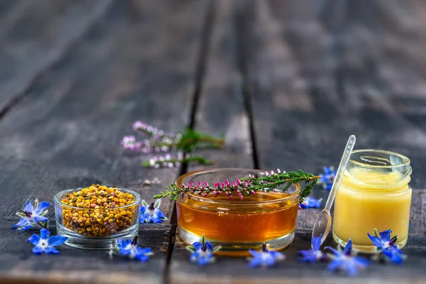 Honey Flower Pollen Royal Jelly Borage Heather Flowers — Stock Photo, Image