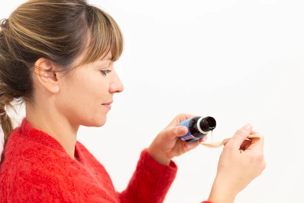 Young Woman Bed Suffering Cold Cough Syrup — Foto Stock