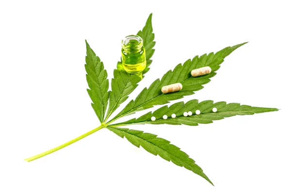 Close Oil Granules Capsules Lying Cannabis Leaf Isolated White Background — 스톡 사진