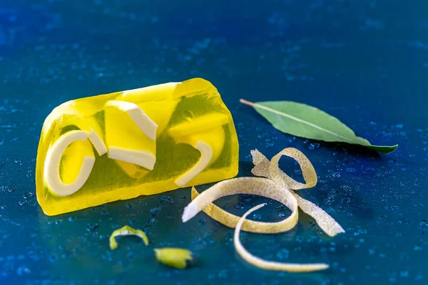 Close Organic Soap Lemon Lemon Zest Placed Blue Background — Stock Photo, Image