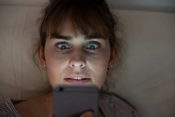 Woman Night Admiring Her Lit Smartphone Addictive Behavior — Foto Stock