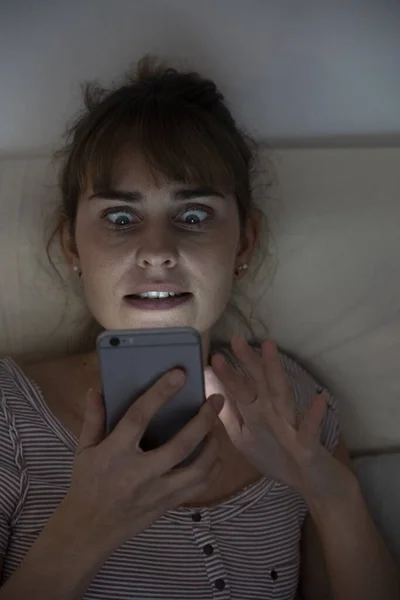 Woman Night Admiring Her Lit Smartphone Addictive Behavior — ストック写真