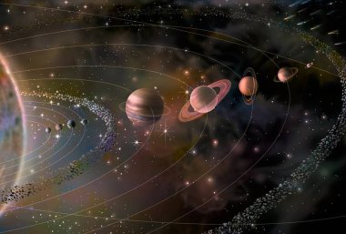 Solar system with its nine planets (Mercury, Venus, Earth, Mars, Jupiter, Saturn, Uranus, Neptune, Pluto) and the sun.