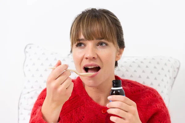 Young Woman Bed Suffering Cold Cough Syrup — Stockfoto