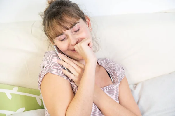 Woman Worshiping Her Smartphone Dependency Addiction Behavior — Foto de Stock