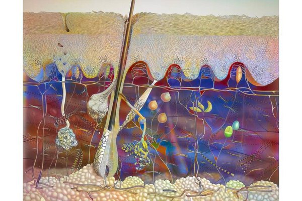 Эпидермис, дерма и подкожный покров, различные нервные окончания, сальные железы. .