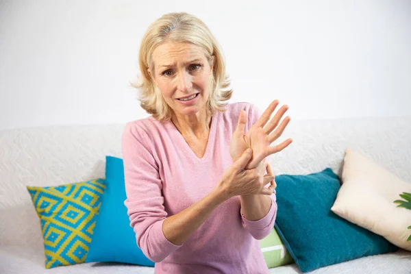 Woman Her Fifties Hand Pain — Photo