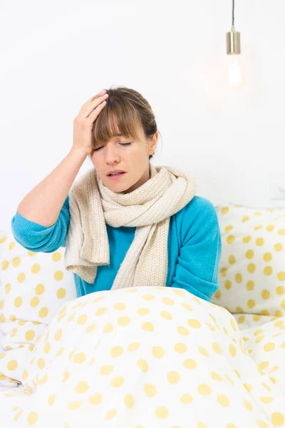 Young Woman Wrapped Bed Suffering Flu Condition Migraine — Foto de Stock