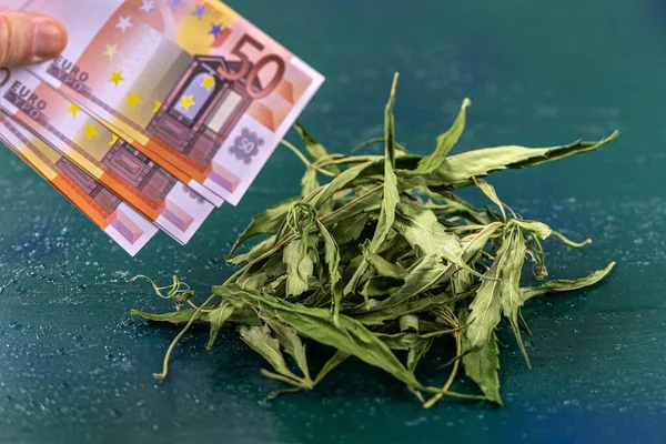 Cannabis Close Pile Dried Cannabis Leaves Banknotes Table — Stockfoto