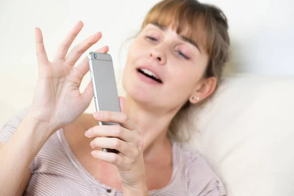 Woman Worshiping Her Smartphone Dependency Addiction Behavior — Stok Foto