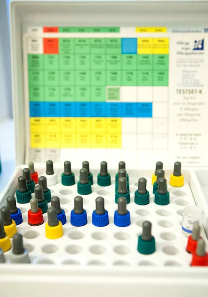 Allergological skin tests carried out by an allergist, allergen kit.