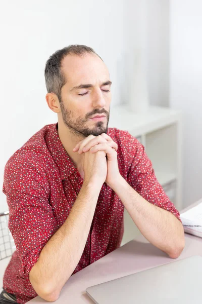 Man His Desk Meditating — Zdjęcie stockowe