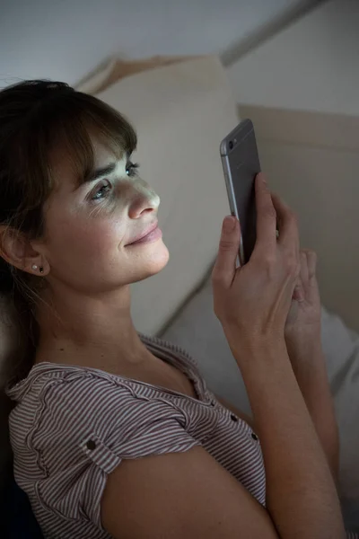 Woman Night Admiring Her Lit Smartphone Addictive Behavior — Stockfoto