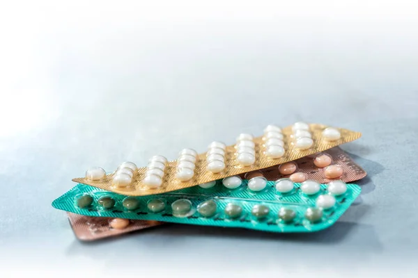 Colorful Oral Contraceptive Pill Strips Isolated Grey —  Fotos de Stock