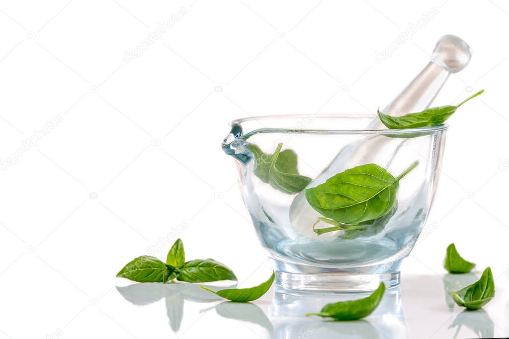 Image of basil in a glass mortar isolated on white background.