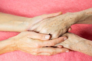 An elderly woman and young womans hands. 