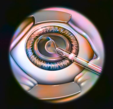 Eye, cataract, phacoemulsification - step 3: placement of the implant in the capsular bag.