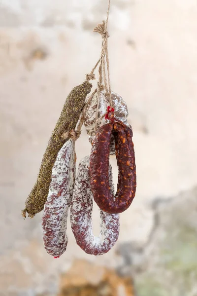 Dry Sausage Hanging Isolated Wall Background — Stock Fotó