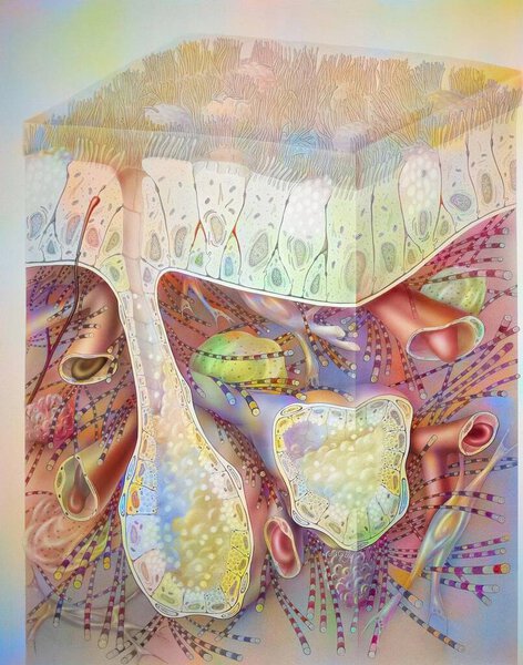 Сечение через эпителиальные клетки с опорными тканями и бронхиальными клетками.