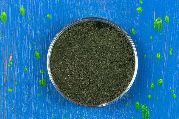 Close Spirulina Powder Glass Container Top View — Foto de Stock