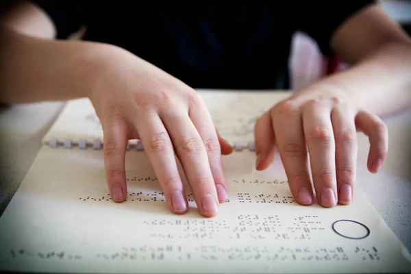 Blind Visually Impaired Pupil Revises Maps Relief Pass College Certificate — 图库照片