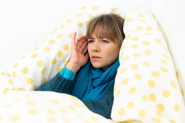 Young Woman Wrapped Bed Suffering Flu Condition Migraine — Foto de Stock