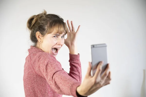 Extremely Joyful Woman Sight Her New Smartphone — Stok fotoğraf