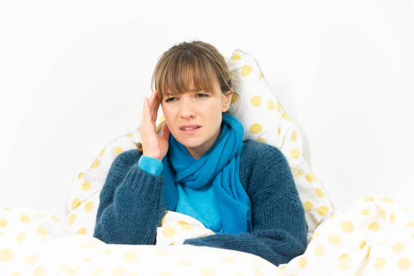 Young Woman Wrapped Bed Suffering Flu Condition Migraine — Photo