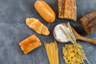 Gluten-based food on white and whole floor,on grey background
