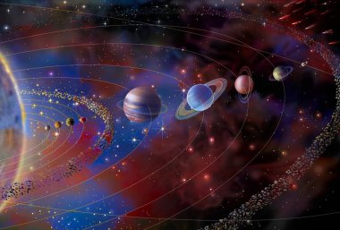 Solar system with its nine planets (Mercury, Venus, Earth, Mars, Jupiter, Saturn, Uranus, Neptune, Pluto) and the sun.