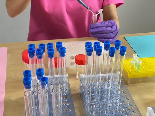 Woman Injecting Substance Tube Using Pipette — 图库照片