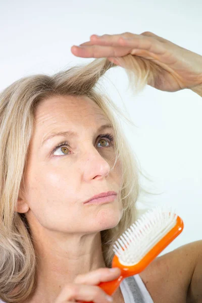 Woman Looking Her Split Ends — Stock Photo, Image