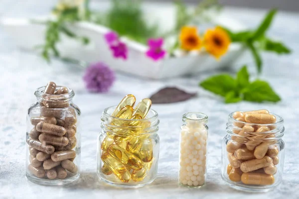 Herbal Therapy Vitamins Colorfull Medicinal Flowers Herbs — Fotografia de Stock