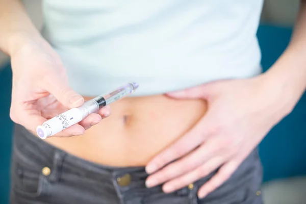 Close Woman Hands Stomach Giving Herself Insulin Injection — 스톡 사진