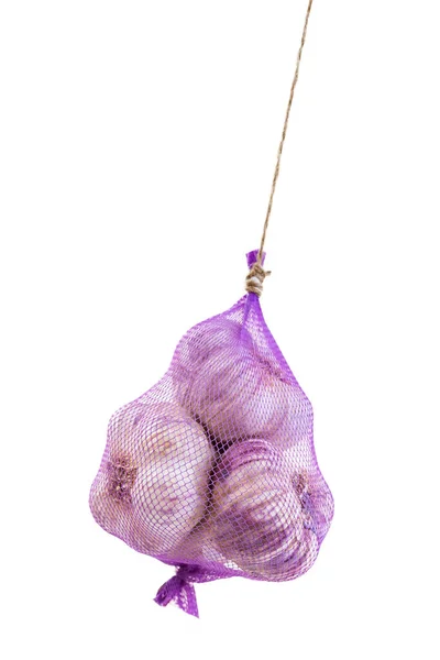 Pink Garlic Hanging Packed Purple Net Bag White — Fotografia de Stock