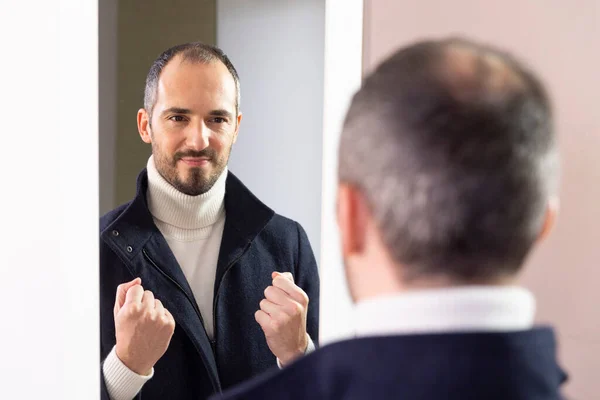 Man Looking Himself Mirror Self Confidence — Stockfoto