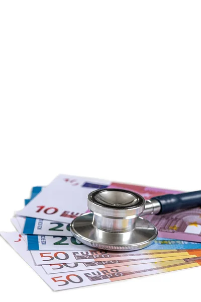 Stethoscope Placed Wad Banknotes White Background Showing Health Bought — Foto Stock