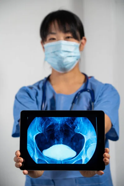 Female Doctor Holding Screen Bladder Ray — ストック写真