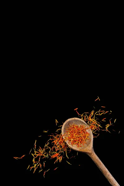 Saffron Spoon Dark Background Blossom Cooking — Stock Fotó